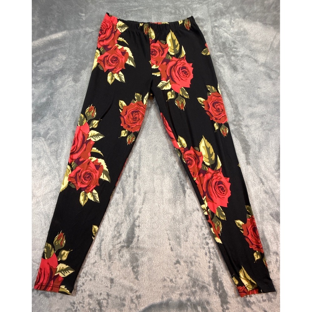 Reborn J Womens Red Rose Floral Leggings Black Small USA Romantic Botanical